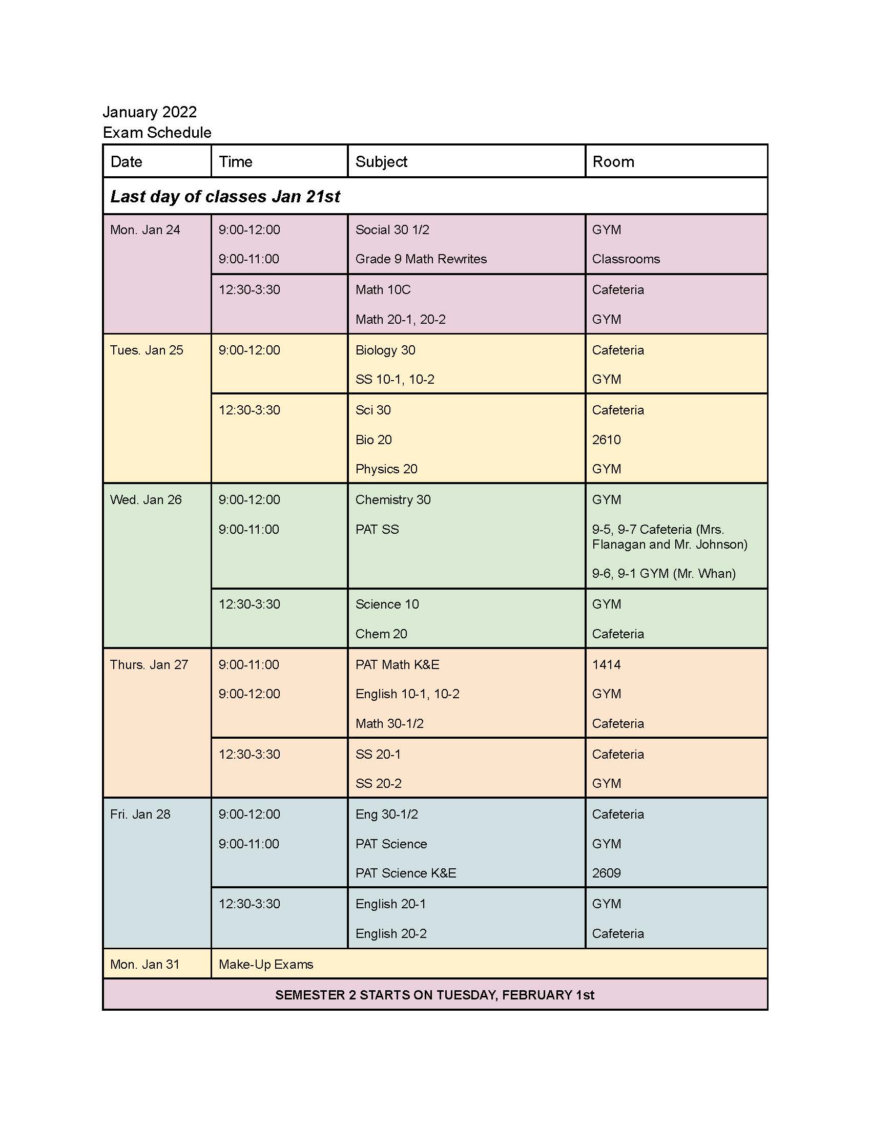 Semester 1 Final Exam Schedule | Cold Lake High School